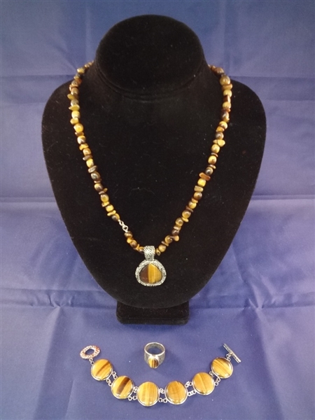 Sterling Silver and Tiger Eye Matching Jewelry Group: Necklace, Pendant, Bracelet, and Ring