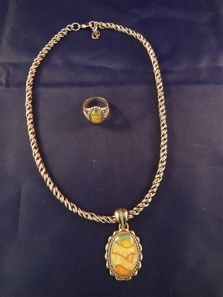 Carolyn Pollack Solid Sterling Silver Necklace, Sunrise Pendant and Ring Set