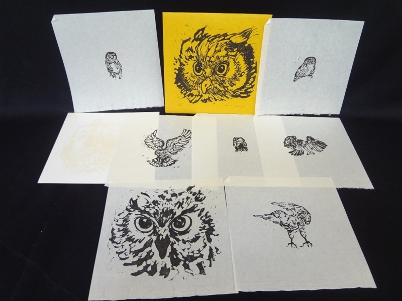 Janet Mack (7) Woodblocks "Owls" Signed