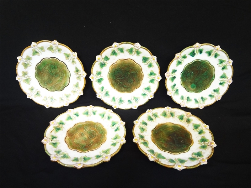 (5) George Jones Majolica Strawberry Blossom Plates