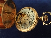 14K Gold Elgin Pocket Watch with Blue Enamel and 5 Diamond Chips