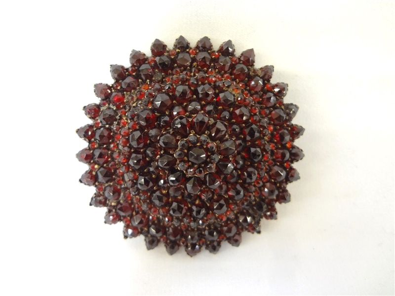 Victorian Garnet Rosette Vermeil Round Mourning Brooch