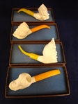 (4)  Inline Meerschaum Block Figural Pipes in original Cases: Native American, Lady and 2 Men
