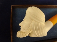 (4)  Inline Meerschaum Block Figural Pipes in original Cases: Native American, Lady and 2 Men