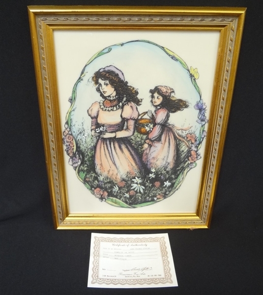 Mary Vickers Hand Colored Etching Framed "Gathering Flowers"