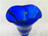Oversize Art Glass Blue Ruffled Edge Vase