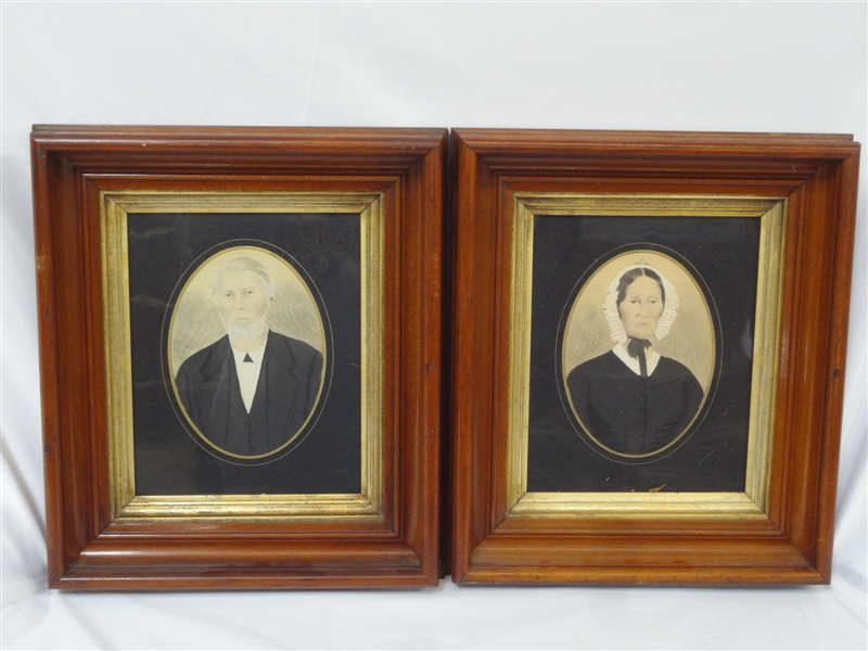 Pair Watercolor Folk Art Portrait Paintings in Deep Well Frames