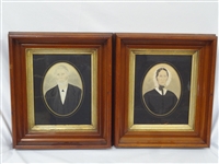 Pair Watercolor Folk Art Portrait Paintings in Deep Well Frames