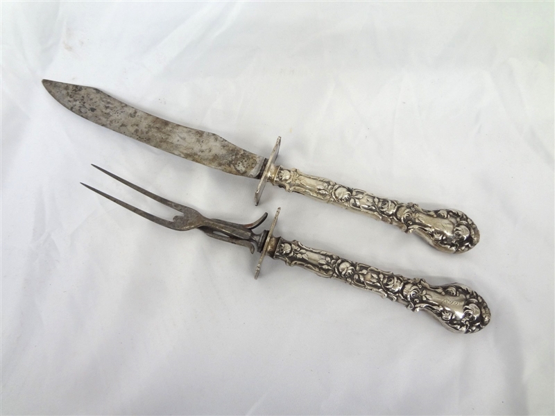 Sterling Silver Handled Serving Knife and Fork Set 1899 Sterling