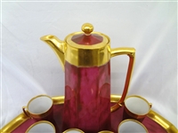 Limoges China Chocolate Set With Under Tray Deep Pink Signed C. Cushwa