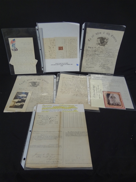 (7) Civil War Documents: Muster Roll, Bugler Certificate, Tax Documents, Letters, Discharge, Others