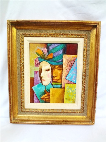 M. Thorne (20th c British) Oil Painting in Gilt Frame Man with Mask