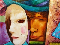 M. Thorne (20th c British) Oil Painting in Gilt Frame Man with Mask