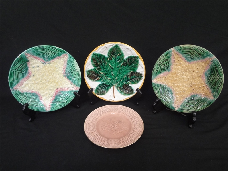(4) Majolica Plates: Etruscan Cauliflower, George Jones Chestnut