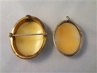 (2) Victorian Carved White Shell Cameos: Portrait and Landscape