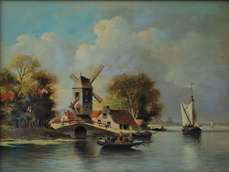 Oil on Board Unknown Artist "Coastal Windmill"