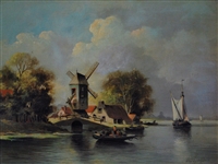 Oil on Board Unknown Artist Coastal Windmill