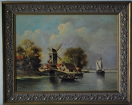 Oil on Board Unknown Artist Coastal Windmill
