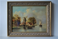 Oil on Board Unknown Artist Coastal Windmill