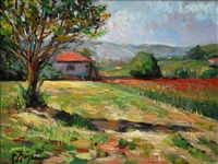 Italian Oil on Board "Poppy Field" Circa Mid 20th Century