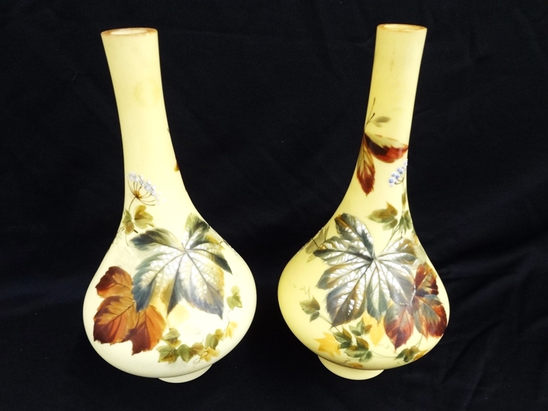 Pair of Glass Bulbous Cased Hand Painted Vases Style of Webb