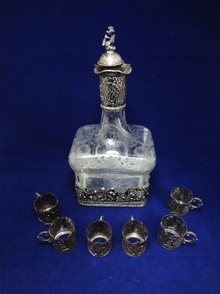 Hanau Neresheimer German Silver Decanter and Cordial Holders