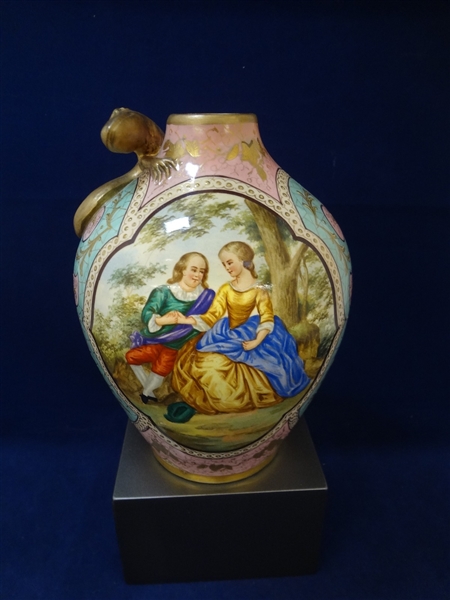 Austrian Hand Painted Bulbous Lizard Handle Vase