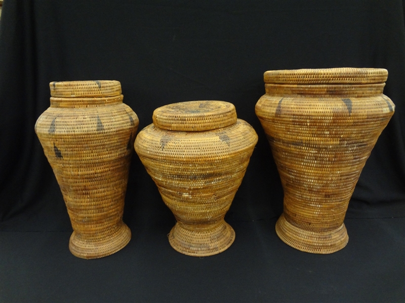 (3) Large Oversize African Reeded Lidded Baskets/Food Storage