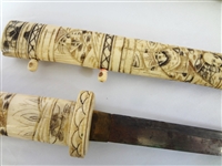 Pair Japanese Dagger Fighting Knives in Bone Carved Scabbards