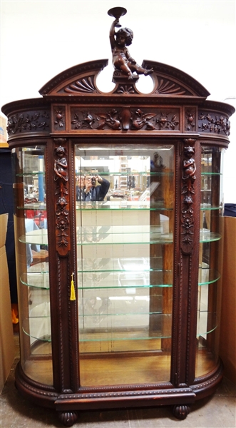 Styled After R.J. Horner Bevel Demilune Curio Cabinet Putti Finial Center