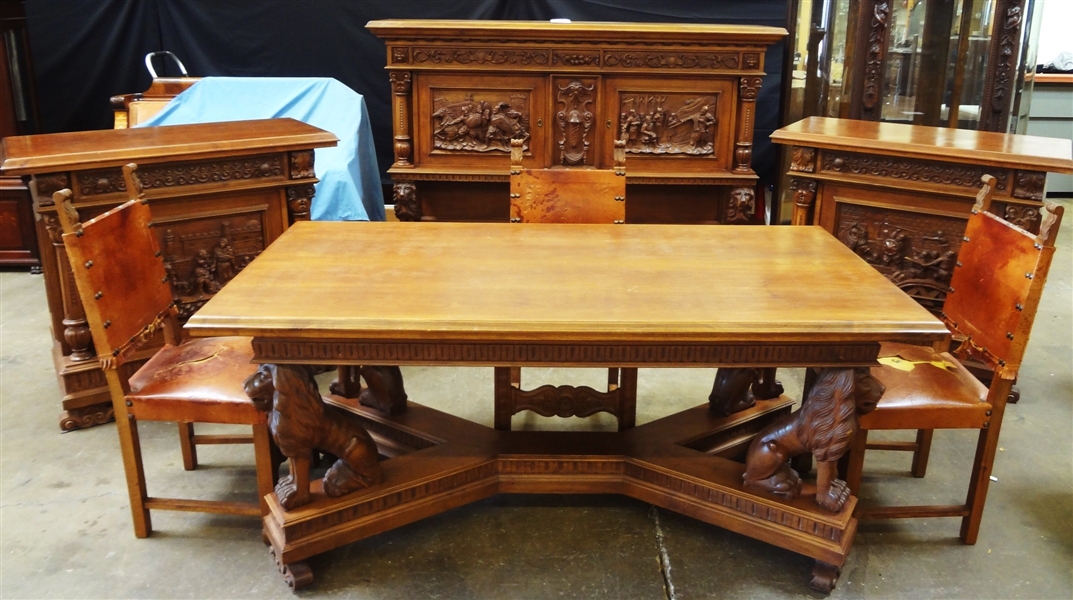 Italian Renaissance Revival (10) Piece Dining Set, Carved Frieze, Full Lion Detail