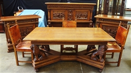 Italian Renaissance Revival (10) Piece Dining Set, Carved Frieze, Full Lion Detail
