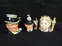 (3) Royal Doulton Large Character Mugs:The London Bobby, W.C. Fields, Queen Victoria
