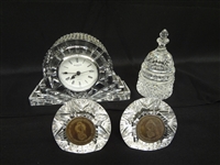 (4) Waterford Crystal Pieces: Clock, Capitol, Society of Waterford