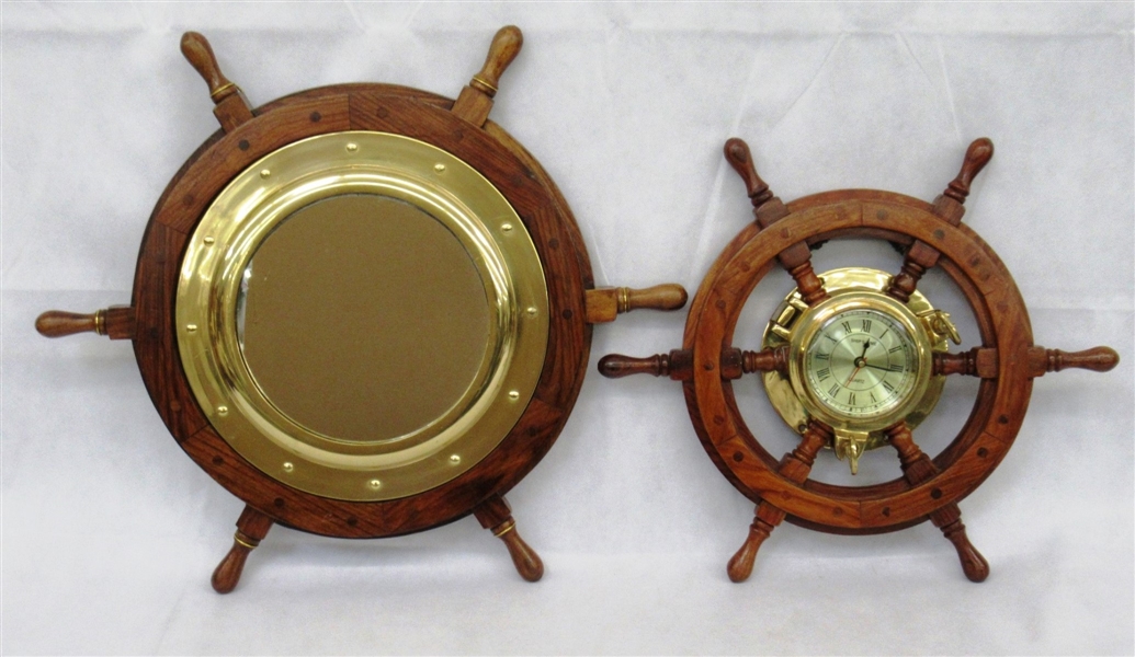 Lot Detail - Pair Wood and Brass Nautical Ships Wheel Mirror and Clock