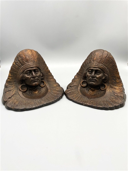 Cast Iron Bronze Native American Chief Book Ends c. 1920s