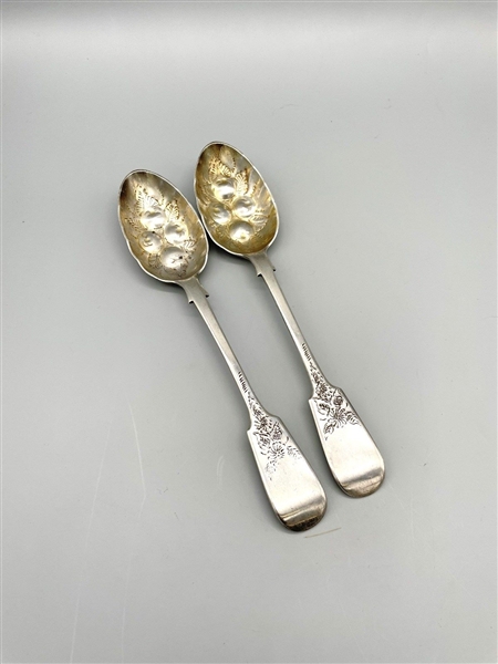 (2) Sterling Silver Berry Serving Spoons 19th Century