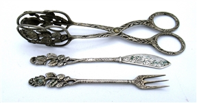 .800 German Silver Tongs, Cocktail Fork and Knife