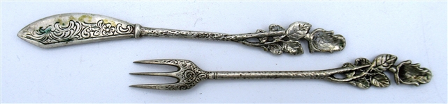 .800 German Silver Tongs, Cocktail Fork and Knife