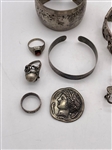 Group of Sterling Silver Jewelry: Bracelets, Brooches, Rings