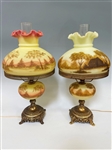Pair Fenton Burmese Custard Table Lamps Hand Painted and Signed