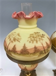 Pair Fenton Burmese Custard Table Lamps Hand Painted and Signed