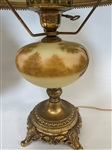 Pair Fenton Burmese Custard Table Lamps Hand Painted and Signed