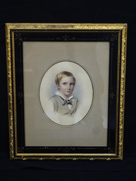 Victorian Boy Portrait Lithograph With gouache Gilt Frame