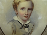 Victorian Boy Portrait Lithograph With gouache Gilt Frame