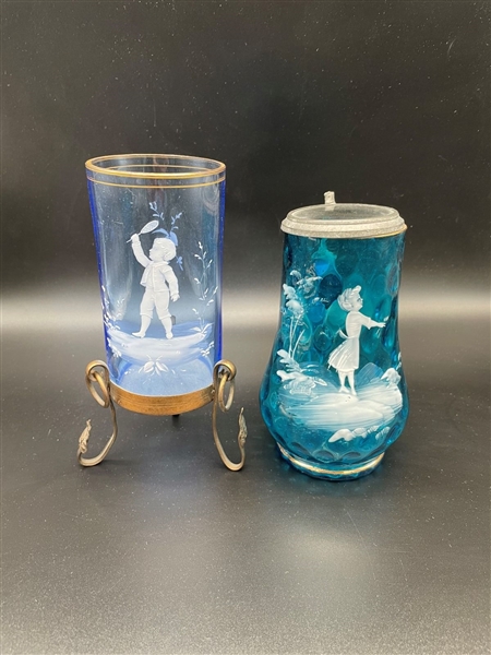 (2) Mary Gregory Glass Pieces: Vase and Stein