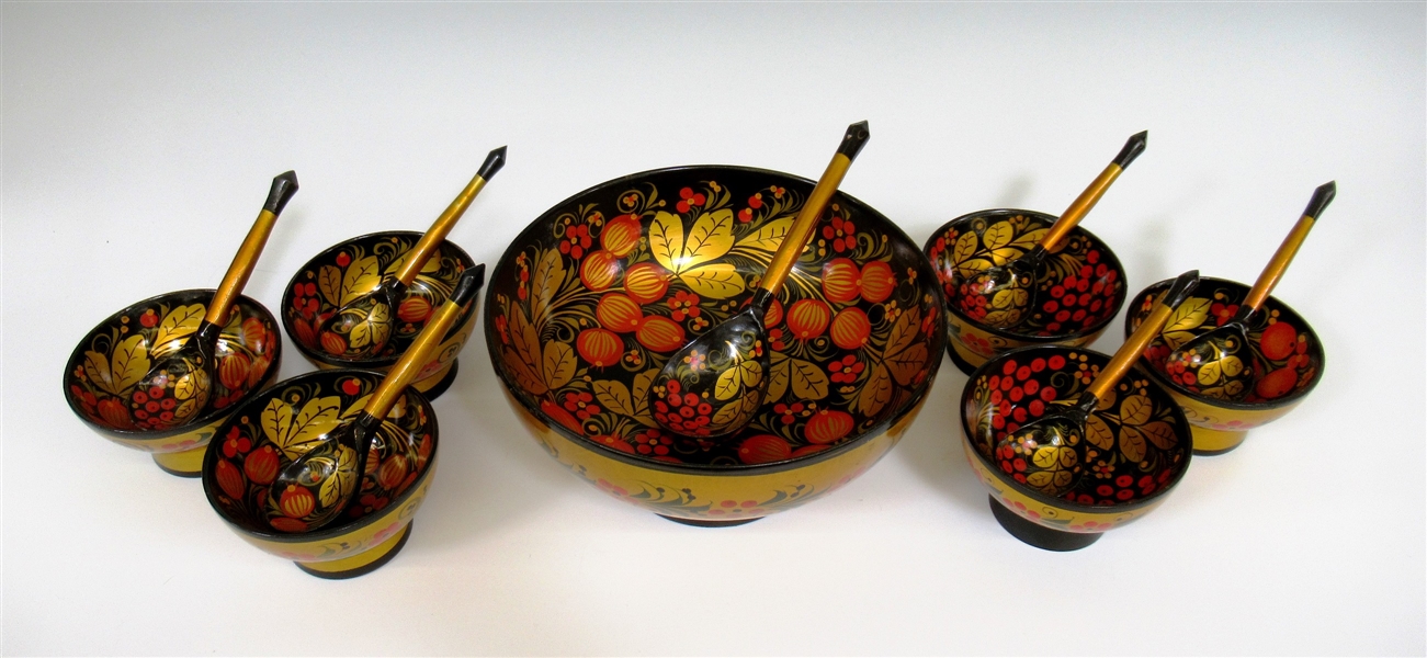 Group of USSR Khokhloma Bowls and Spoons