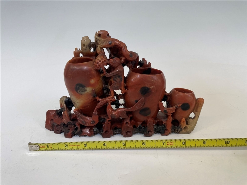 Large Soapstone Carving With Monkeys and Birds