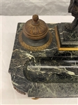 Double Inkwell With Center Lion Bronze on Marble Base