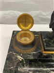 Double Inkwell With Center Lion Bronze on Marble Base